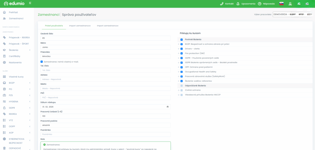 Informačný a vzdelávací systém Edumio –  pridanie zamestnanca a automatické priradenie povinných školení. 