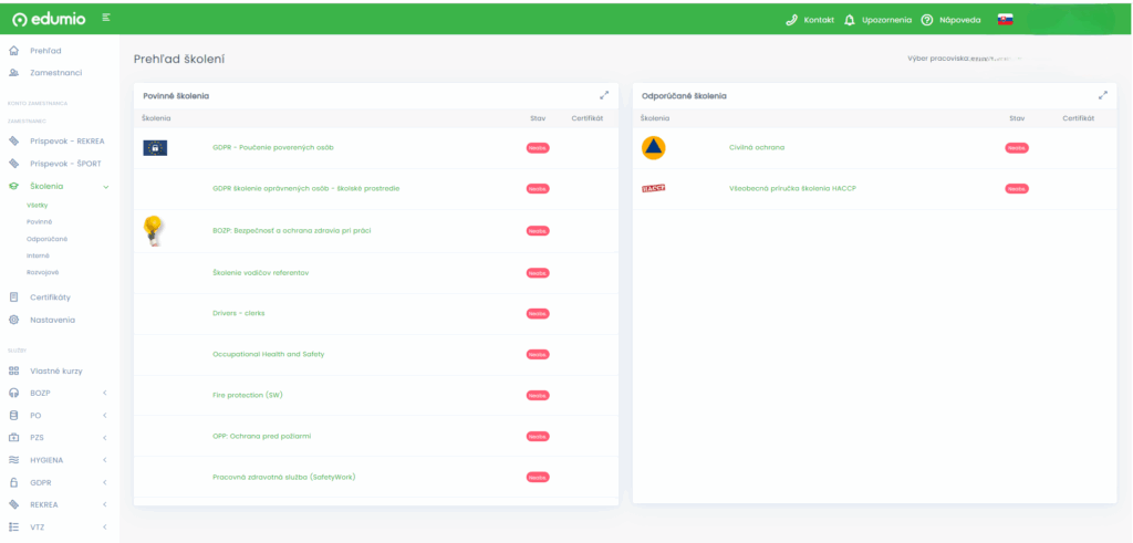 Informačný a vzdelávací systém Edumio – prehľad školení. 