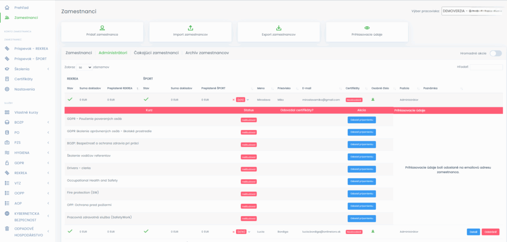 Informačný a vzdelávací systém Edumio – Prehľad absolvovaných školení zamestnanca. 