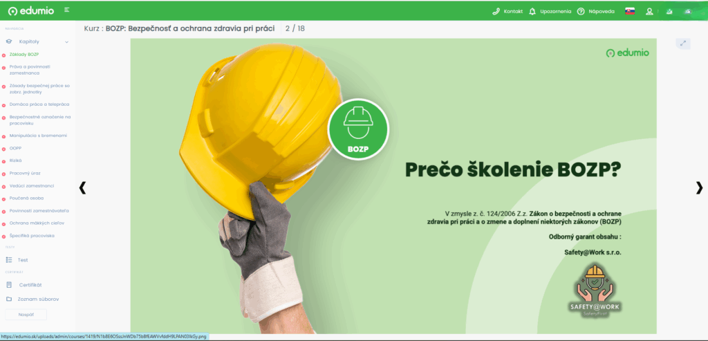 Informačný a vzdelávací systém Edumio – školenie BOZP formou prezentácie. 